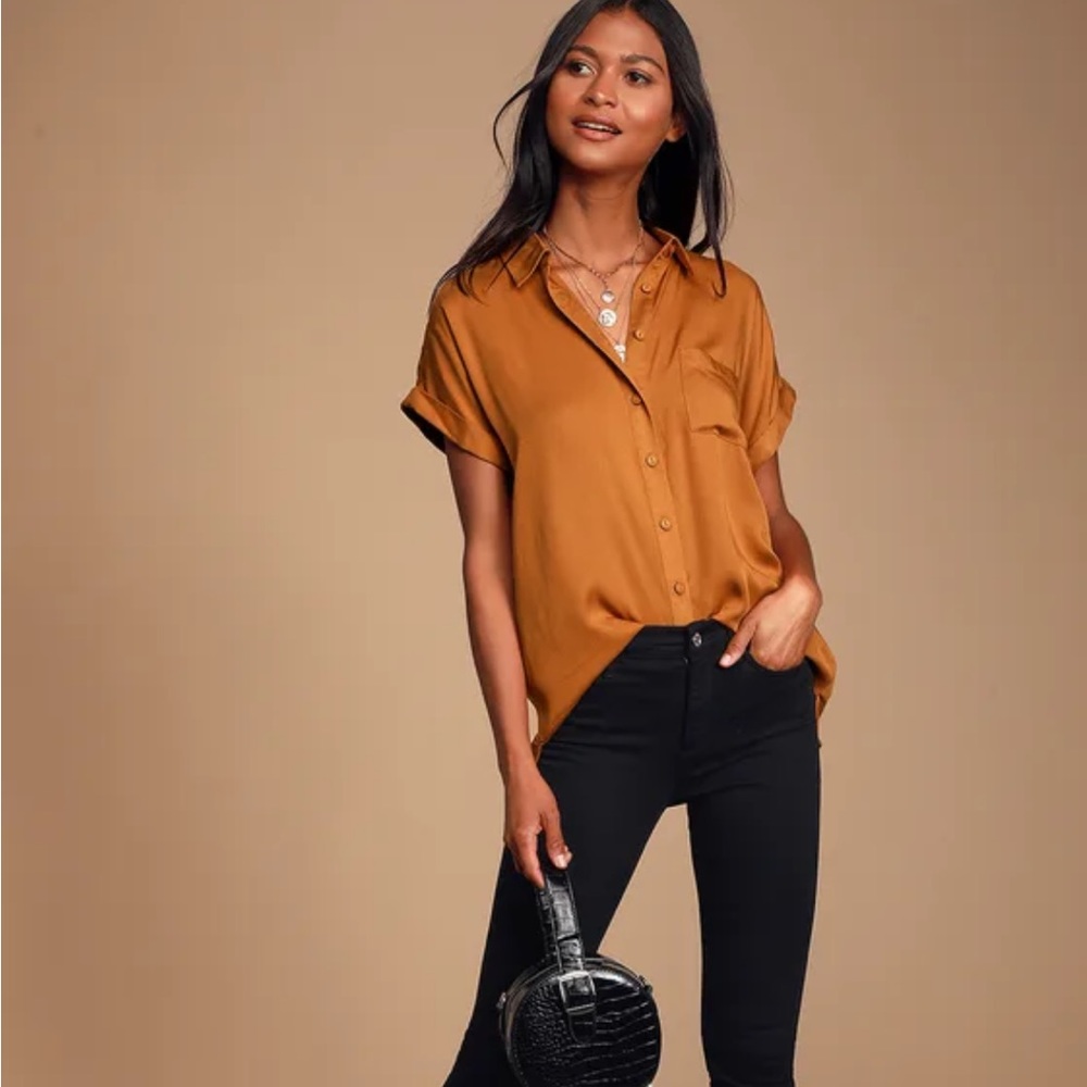 Lulus Blythe brown short sleeve button up top